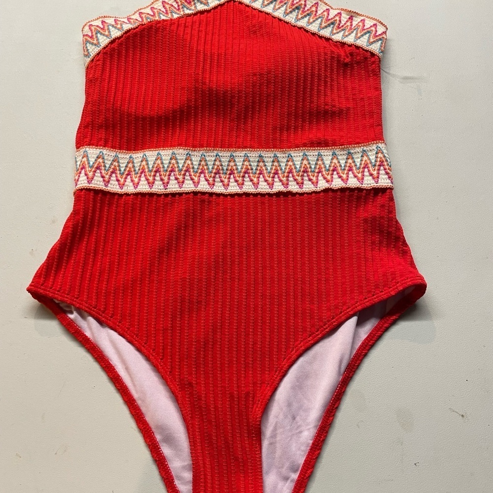 Red One-Piece Swimsuit with Zigzag Trim size medium